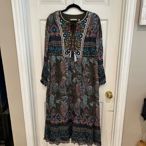 Soft Surroundings Olive Boho Midi Dress with Multicolor Embroidery